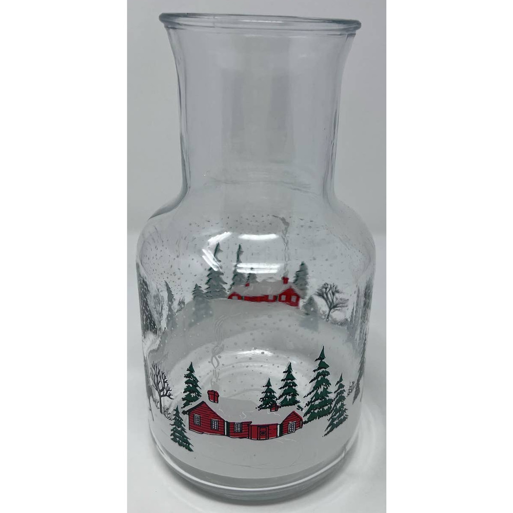 KIG Indonesia Vintage Glass Christmas Winter Sleigh Scene Carafe Decanter 9"